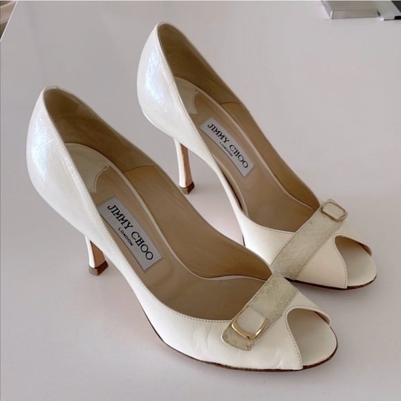 Jimmy Choo Cream Peep-Toe Heels with Gold Accent